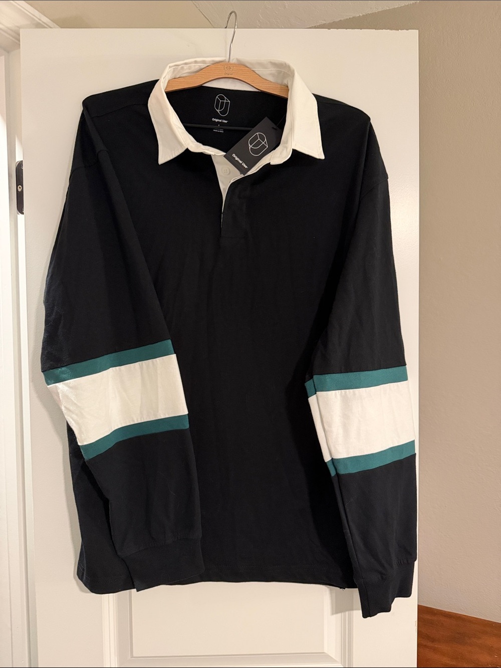 Original Use Black Rugby Polo with White Collar and Green Sleeve Bands